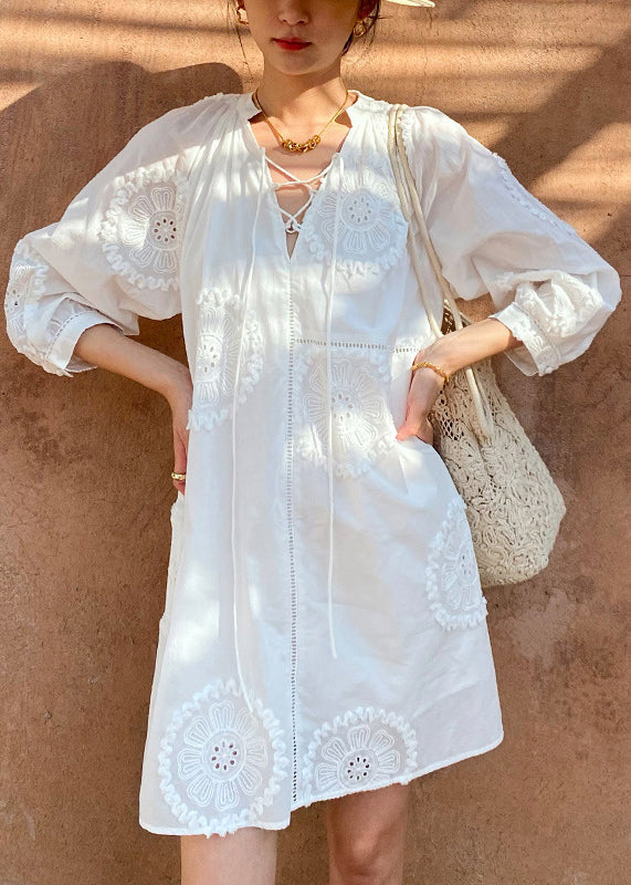 Embroidery Half White Cotton Hollow V Neck Dress Mid Out Italian
