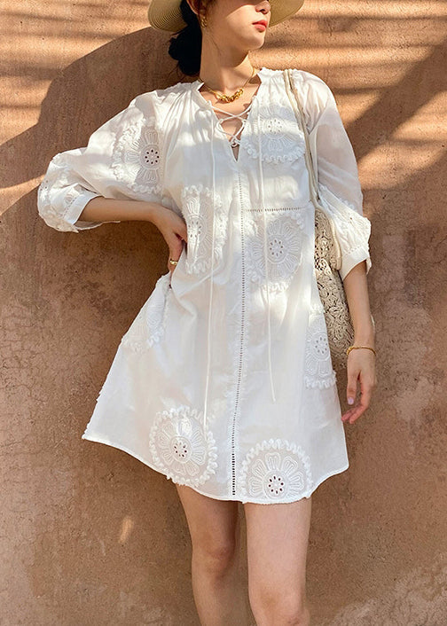 Embroidery Half White Cotton Hollow V Neck Dress Mid Out Italian