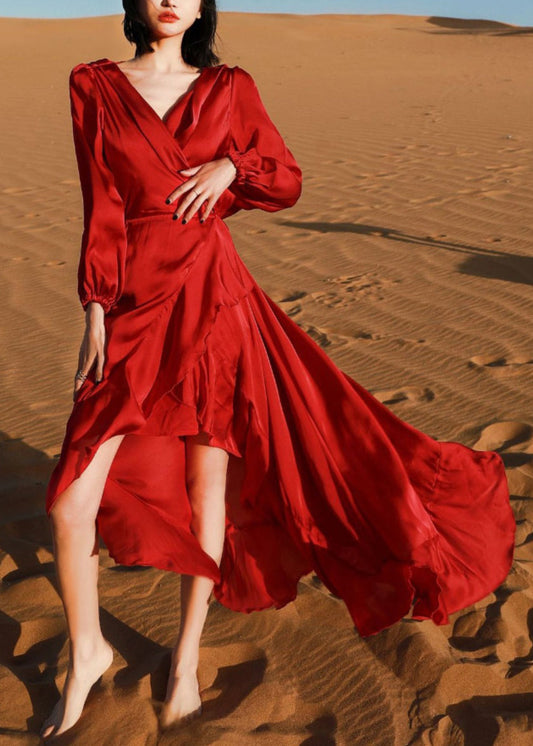 High Robe Italian Fall Wine V Dresses Neck Low Red Cotton Design