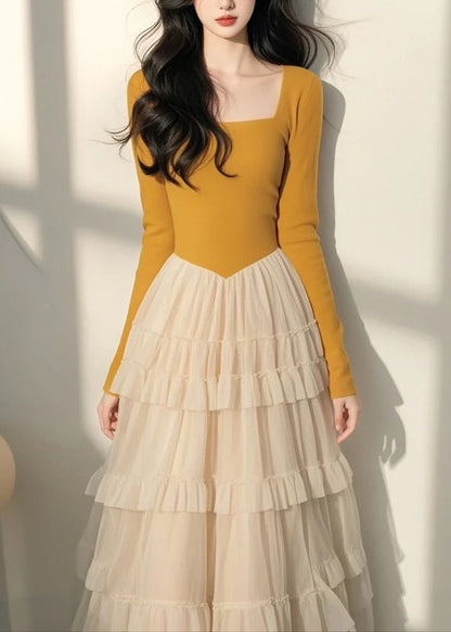 Spring Italian Long Dress Tulle Collar Yellow Patchwork Square