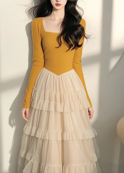 Spring Italian Long Dress Tulle Collar Yellow Patchwork Square