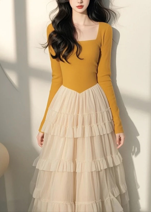 Spring Italian Long Dress Tulle Collar Yellow Patchwork Square