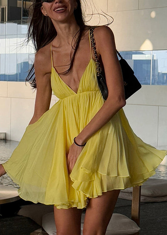 Mid Backless Yellow Strap Neck V Patchwork Spaghetti Italian