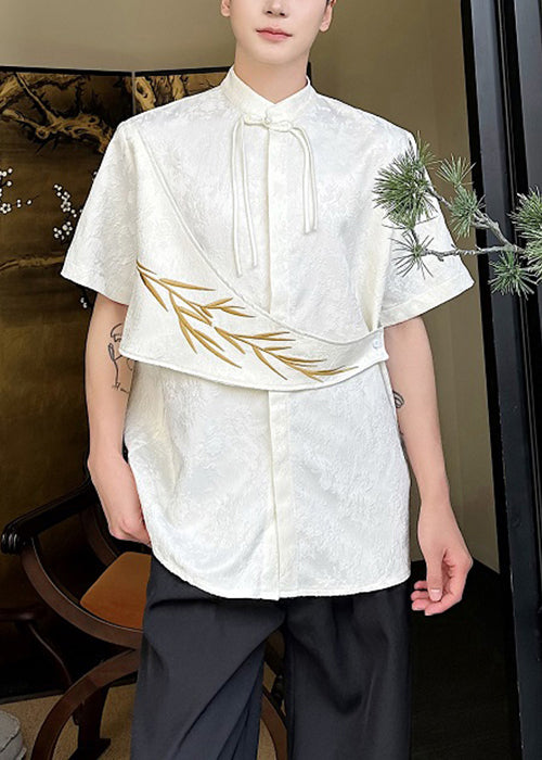 Apricot Embroideried Shirts Cotton Chinese Mens Jacquard Button