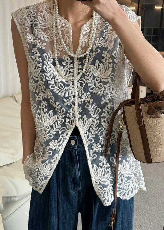 Lace V Neck Sleeveless Apricot Jacquard Out Hollow Tops