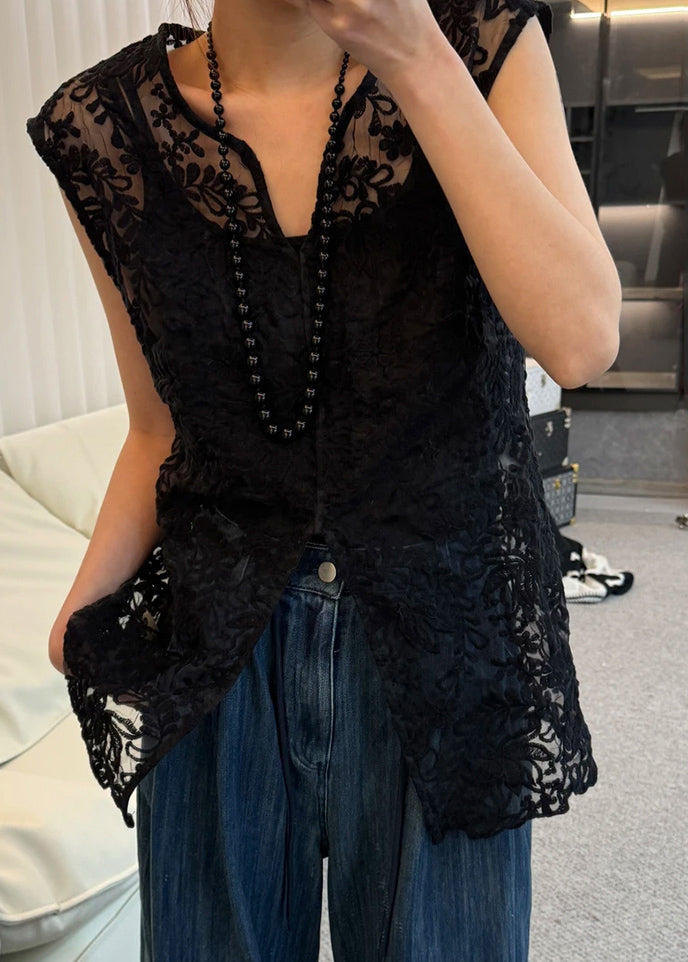 Lace V Neck Sleeveless Apricot Jacquard Out Hollow Tops