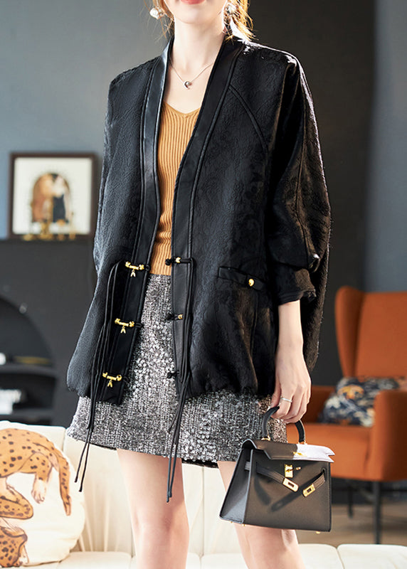 Patchwork Batwing Black Sleeve Coats V Neck Jacquard