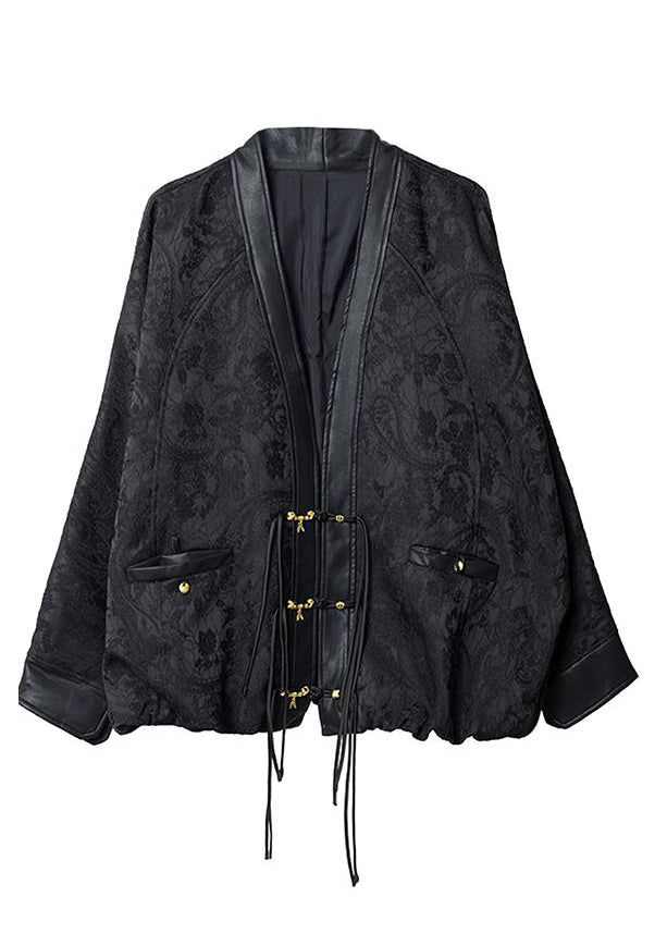 Patchwork Batwing Black Sleeve Coats V Neck Jacquard