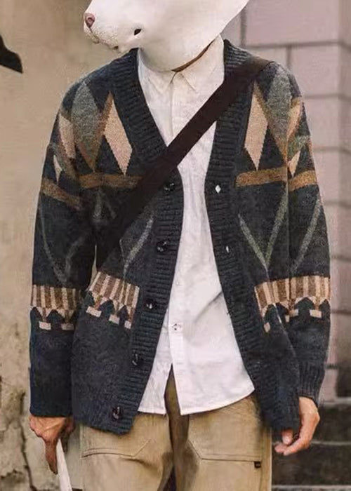 Spring Dark Gray Neck V Knit Jacquard Coat Men Button