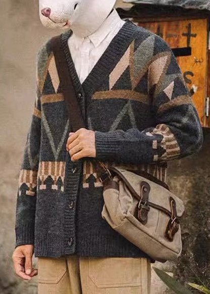 Spring Dark Gray Neck V Knit Jacquard Coat Men Button