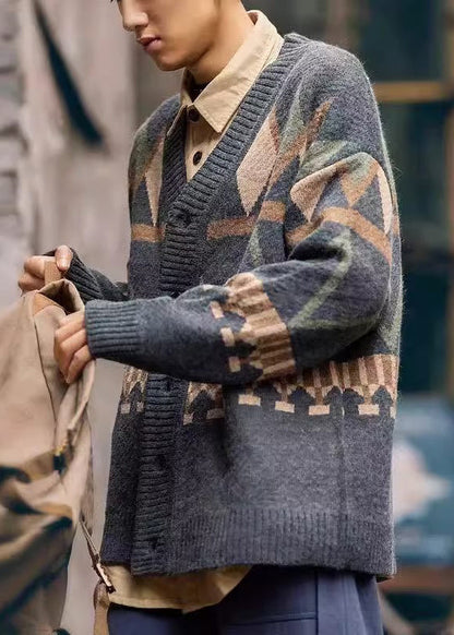 Spring Dark Gray Neck V Knit Jacquard Coat Men Button