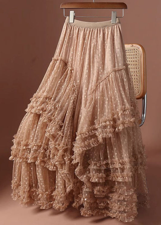 Patchwork Khaki Skirts Love Ruffled Jacquard Tulle Maxi
