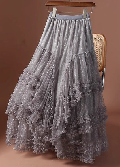 Patchwork Khaki Skirts Love Ruffled Jacquard Tulle Maxi