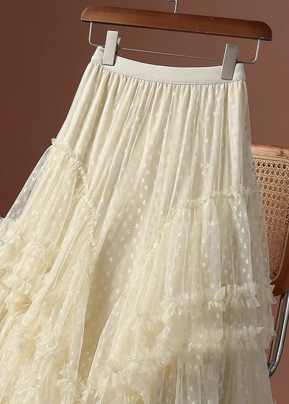 Patchwork Khaki Skirts Love Ruffled Jacquard Tulle Maxi