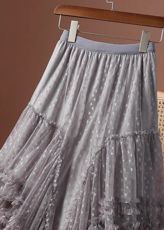 Patchwork Khaki Skirts Love Ruffled Jacquard Tulle Maxi