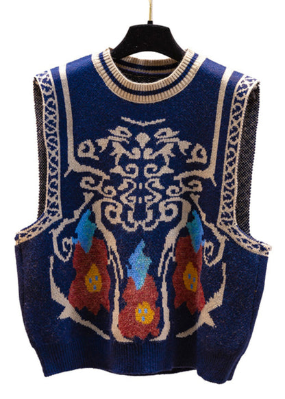 Jacquard Navy O Neck Cozy Knit Vest Sleeveless YJ011