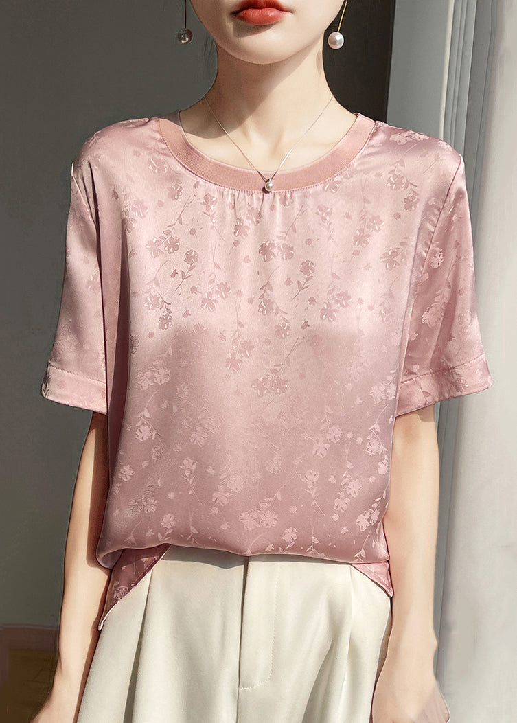 Shirt T Silk Jacquard Summer Side Open Neck O Pink