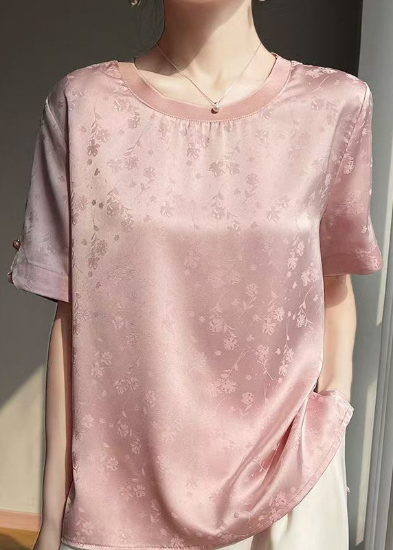 Shirt T Silk Jacquard Summer Side Open Neck O Pink