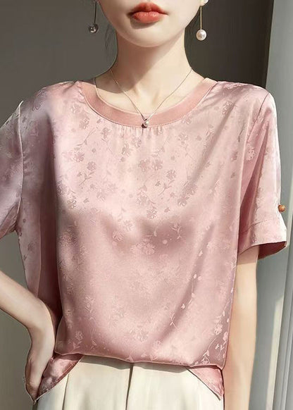 Shirt T Silk Jacquard Summer Side Open Neck O Pink