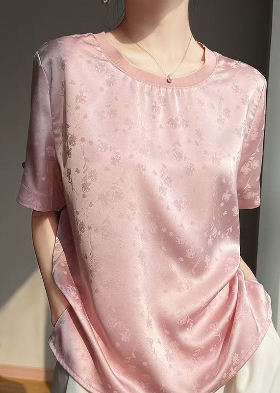 Shirt T Silk Jacquard Summer Side Open Neck O Pink