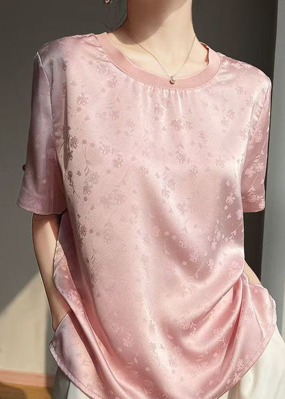 Shirt T Silk Jacquard Summer Side Open Neck O Pink