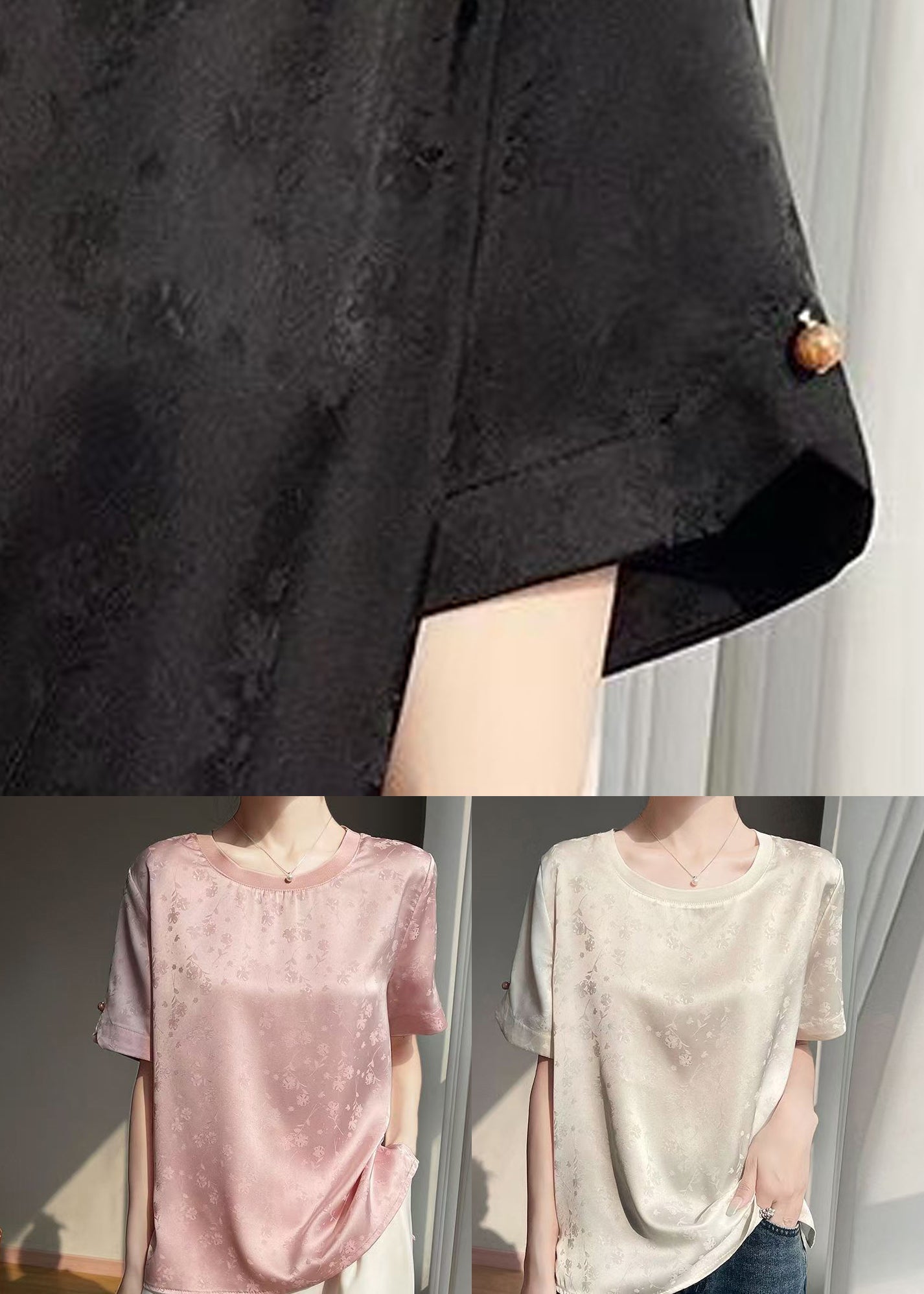 Shirt T Silk Jacquard Summer Side Open Neck O Pink