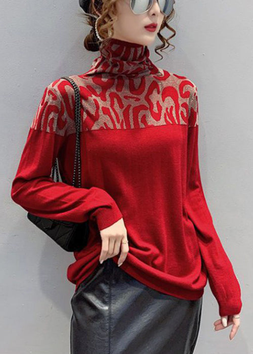 Spring Jacquard T Patchwork Red Cotton Shirts Turtleneck