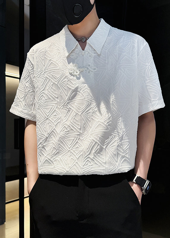 Polo Jacquard Solid Chinese Cotton Button Shirts Mens White