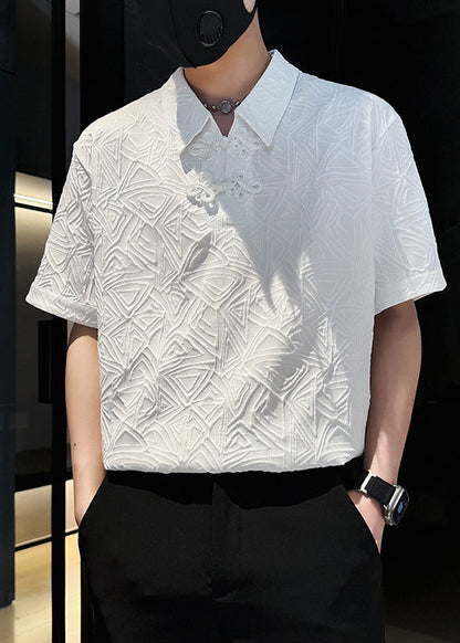 Polo Jacquard Solid Chinese Cotton Button Shirts Mens White