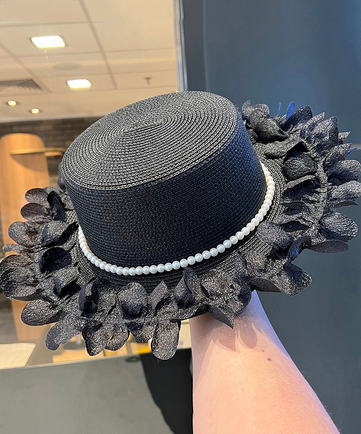 Japanese Cloche Woven Edge Lace Hat Pearl Elegant Straw Black