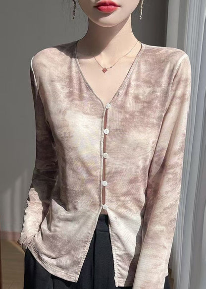 V T Fall Print Shirts Tulle Button Neck Khaki
