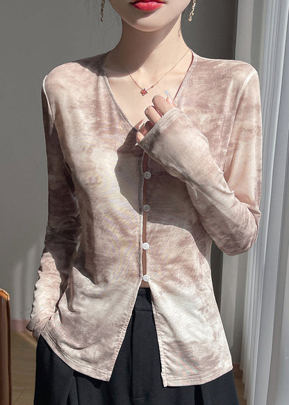 V T Fall Print Shirts Tulle Button Neck Khaki