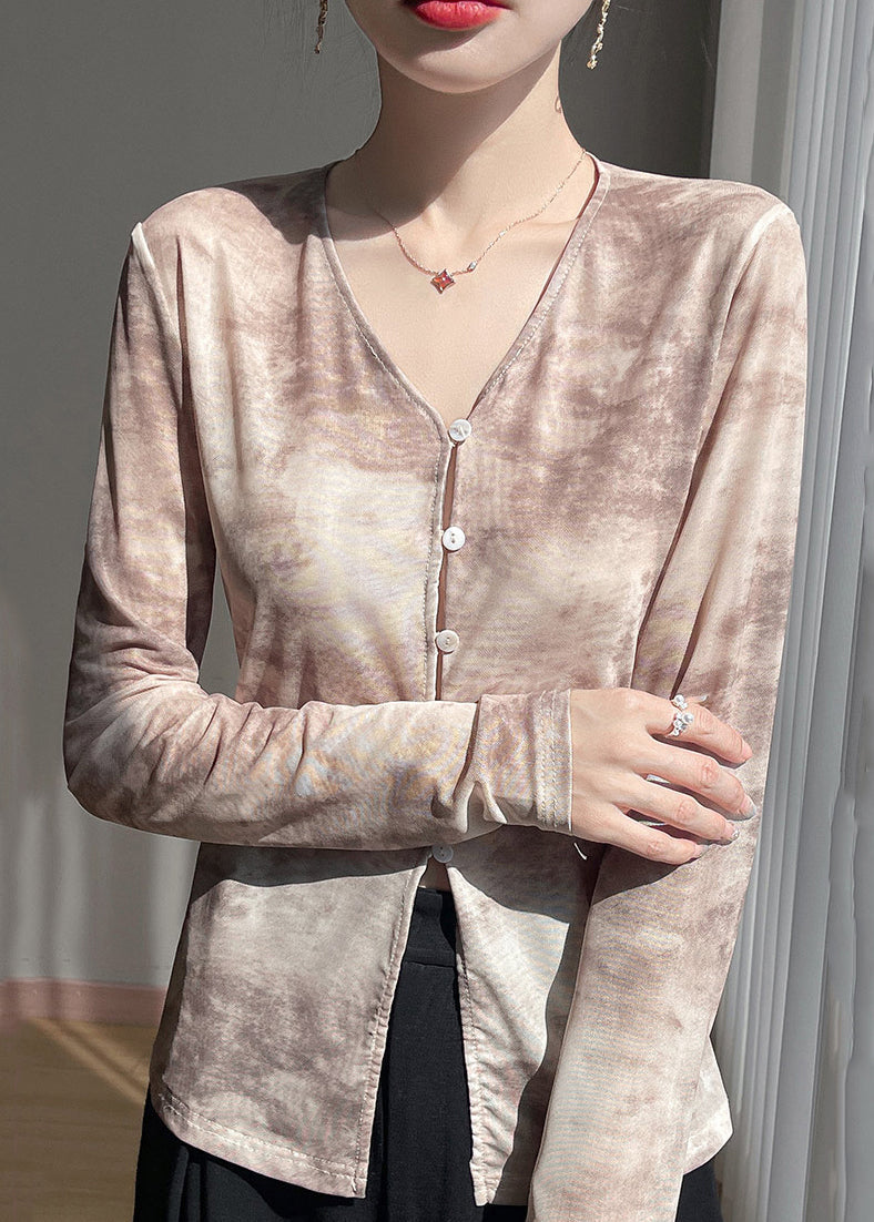 V T Fall Print Shirts Tulle Button Neck Khaki