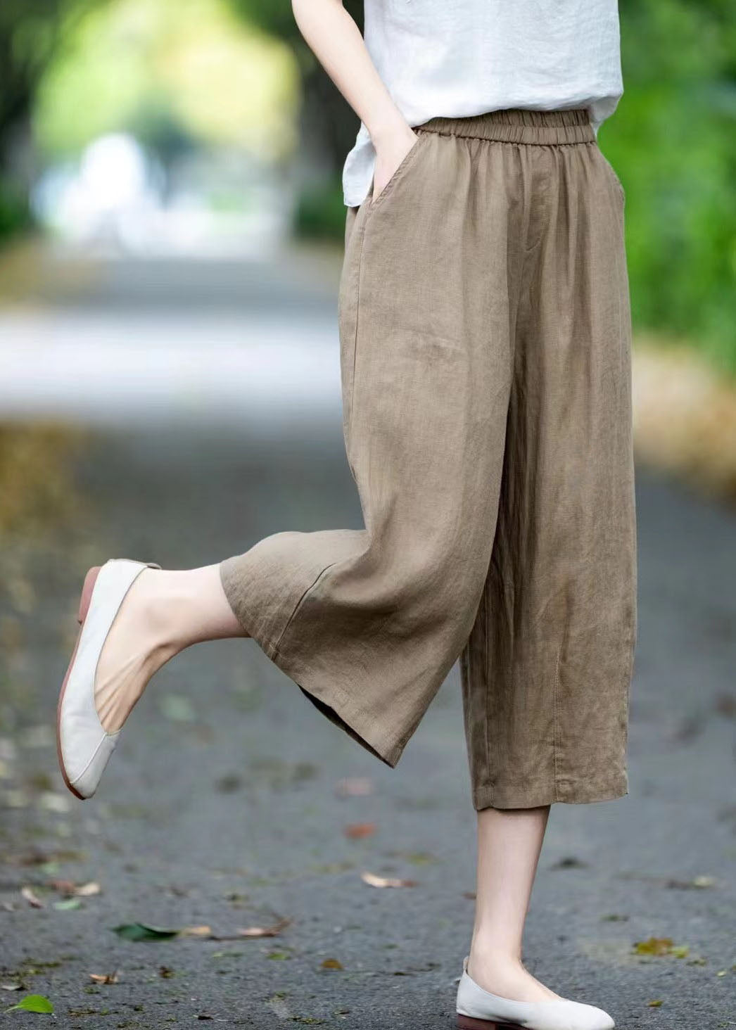 Linen Summer Crop Pockets Khaki Pants Oversized