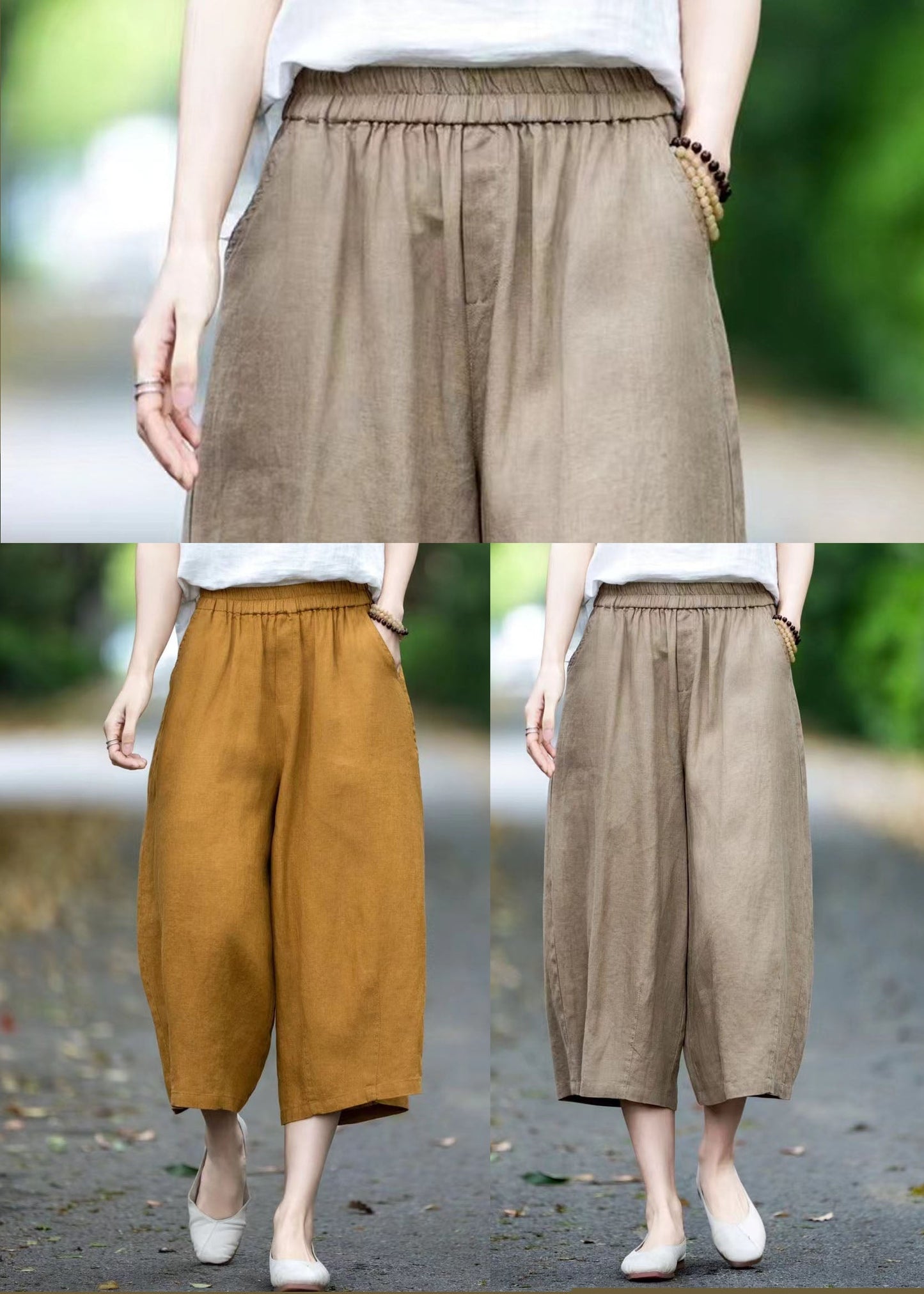Linen Summer Crop Pockets Khaki Pants Oversized