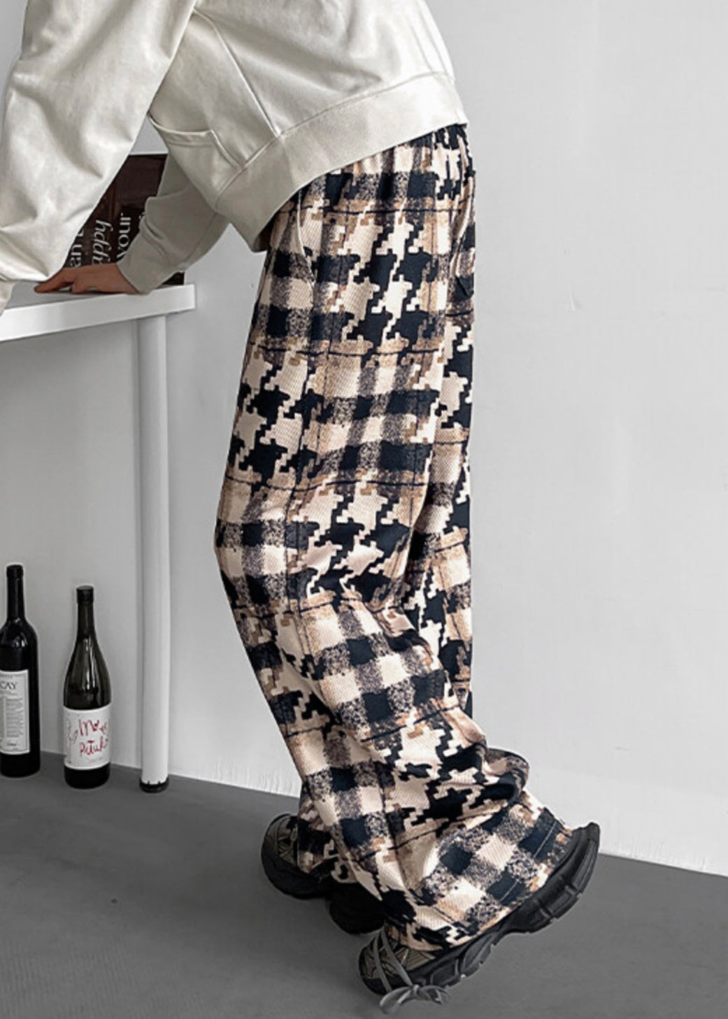 Elastic Waist Pockets Cotton Khaki Men Pants Plaid