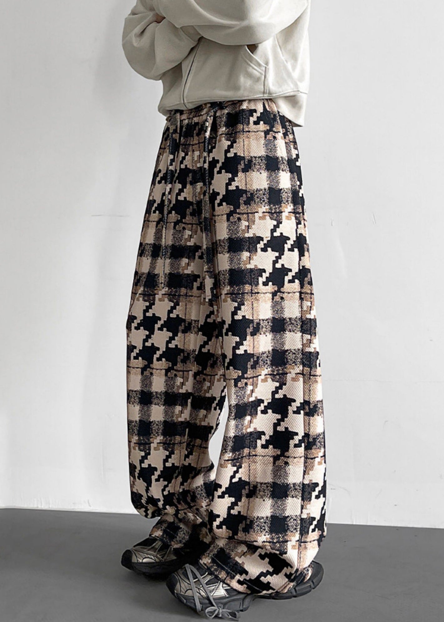 Elastic Waist Pockets Cotton Khaki Men Pants Plaid