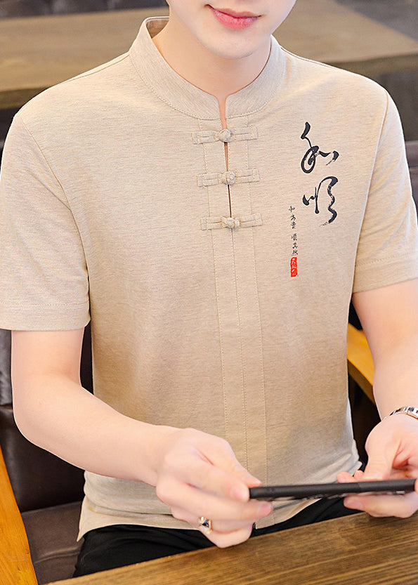 Khaki Stand Cotton Mens T Print Collar Shirt Button Summer