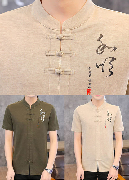Khaki Stand Cotton Mens T Print Collar Shirt Button Summer