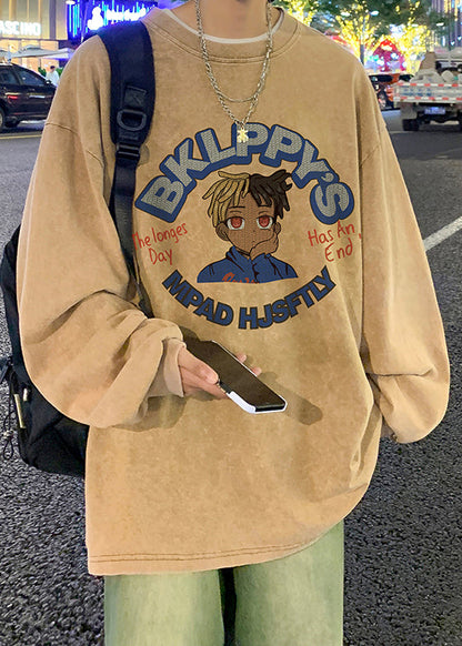 Shirts Khaki Cotton Loose Mens Neck Print Spring O T