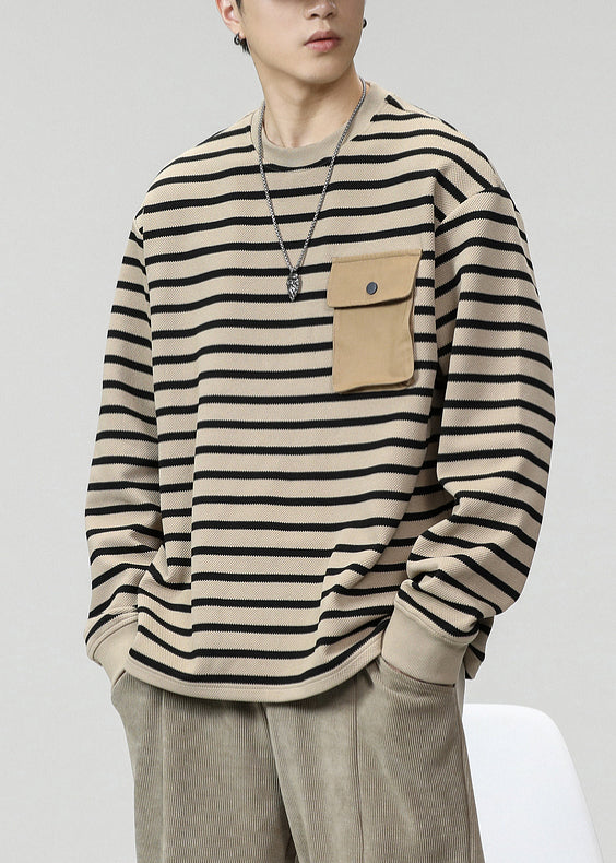 O T Striped Men Cotton Pockets Neck Spring Shirts Khaki