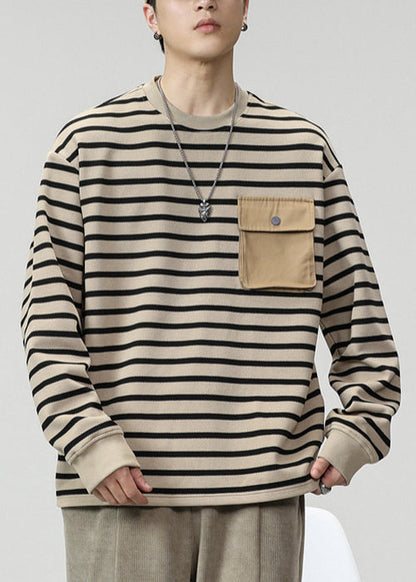 O T Striped Men Cotton Pockets Neck Spring Shirts Khaki