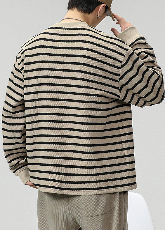 O T Striped Men Cotton Pockets Neck Spring Shirts Khaki