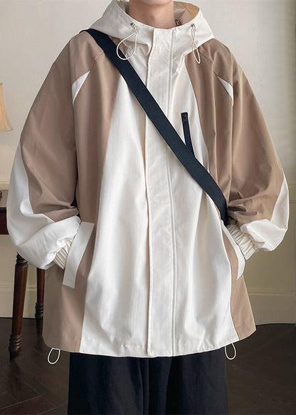 Coat Khaki Patchwork Hooded Men Spring Pockets Cotton Zippered