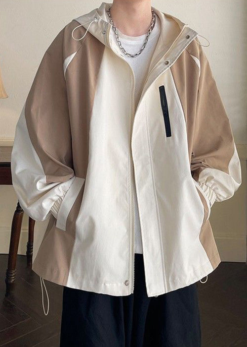 Coat Khaki Patchwork Hooded Men Spring Pockets Cotton Zippered