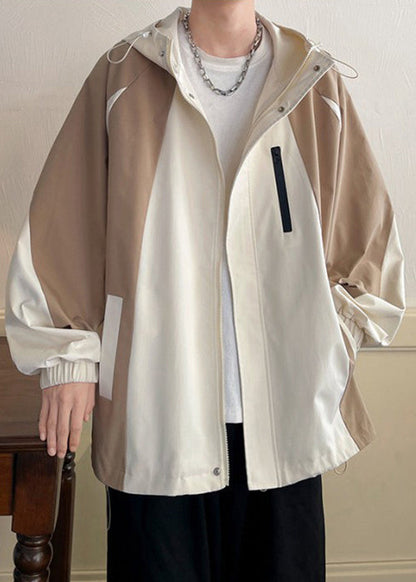 Coat Khaki Patchwork Hooded Men Spring Pockets Cotton Zippered