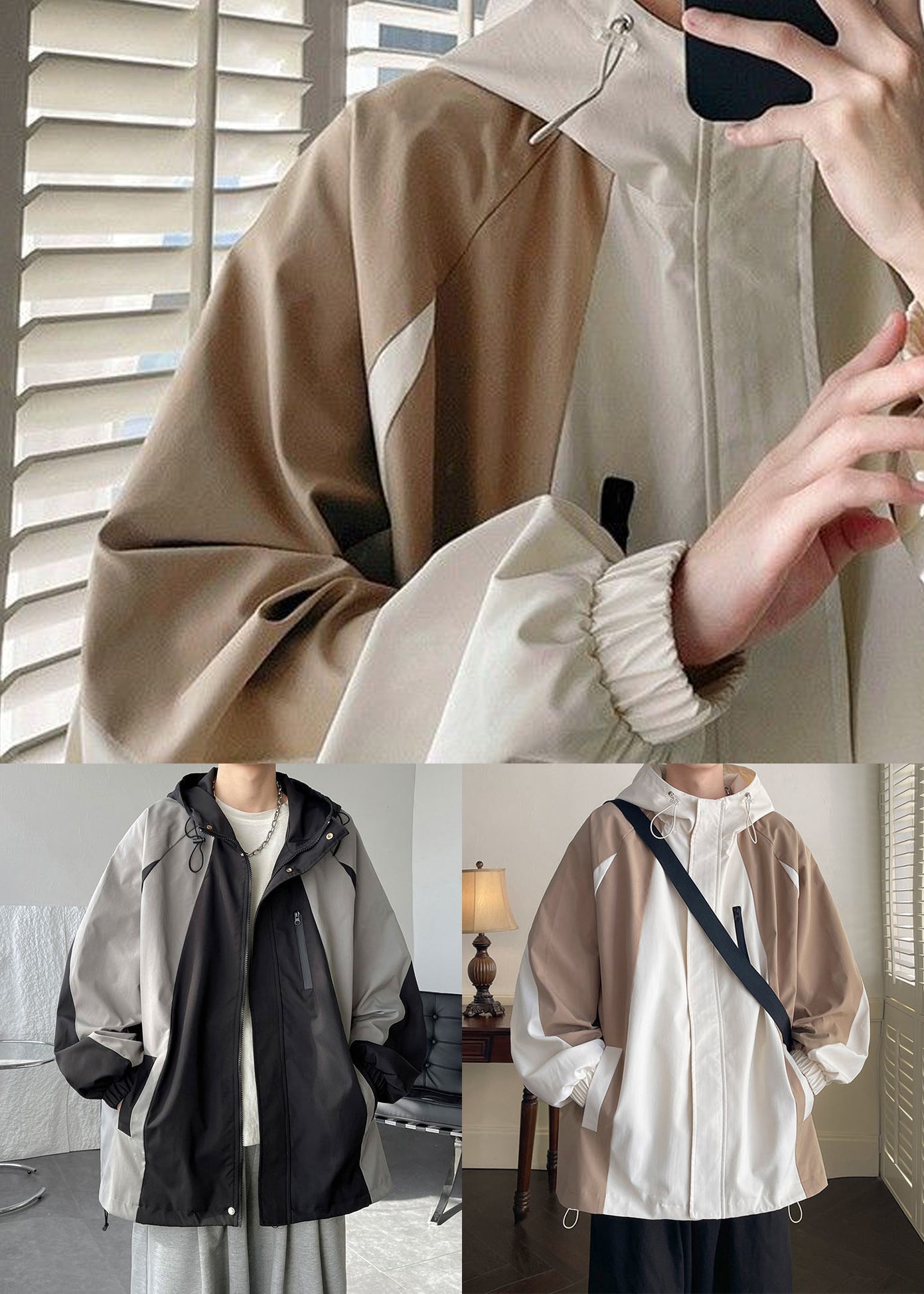 Coat Khaki Patchwork Hooded Men Spring Pockets Cotton Zippered
