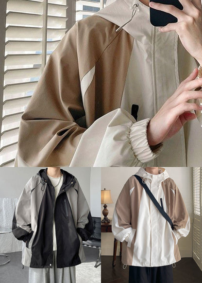 Coat Khaki Patchwork Hooded Men Spring Pockets Cotton Zippered