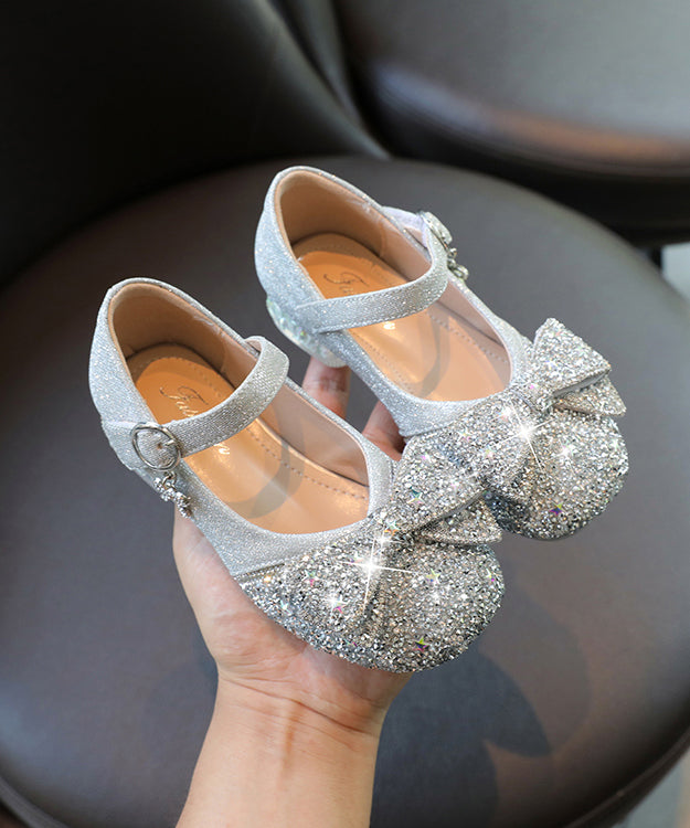 Strap Bow Buckle Faux Silver Kids Leather Zircon Girls Flat Shoes
