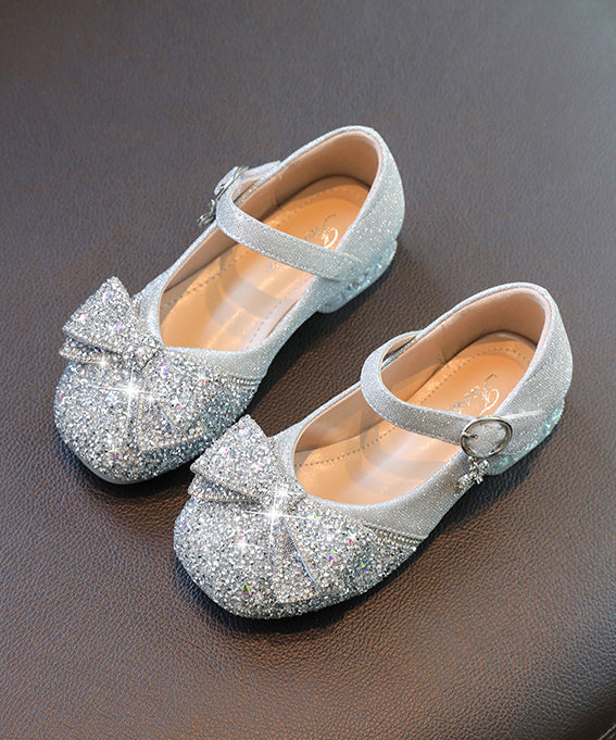 Strap Bow Buckle Faux Silver Kids Leather Zircon Girls Flat Shoes
